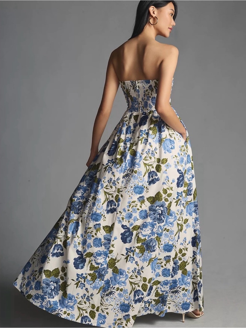 Reformation Strapless Blue Floral Midi Dress on Cream - Picture 2 of 5